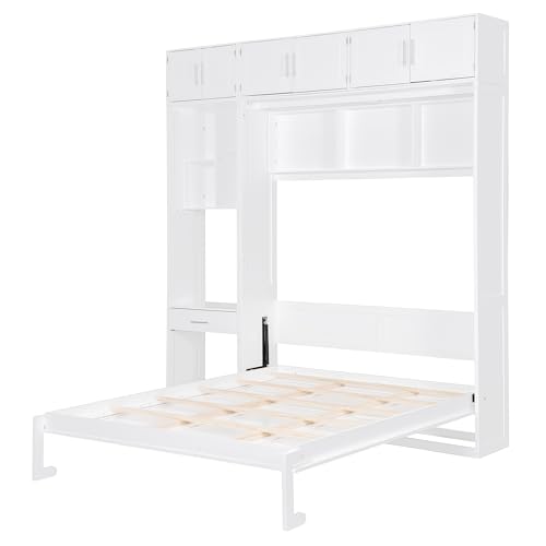 Polibi Full Size Wall Murphy Bed with Built-in Desk & Shelves - Multi-Functional Wall Bed for Small Apartments, 3 Storage Cabinets