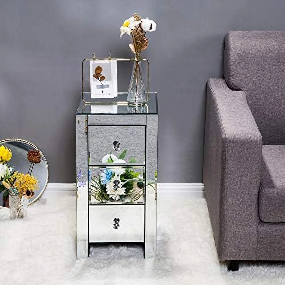 RUNFAYBIU Mirrored Nightstand  Mirrored End Table with 3 Drawers and Crystal-Style Knobs   Mirrored Bedside Table for Bedroom  Living Room  Small