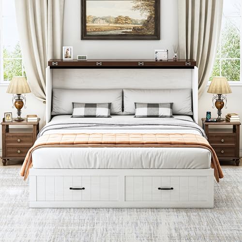 Full Murphy Bed with Storage & Charging Station, Farmhouse Murphy Cabinet Bed with Large Drawer, Hideaway Foldable Platform Bed for for Guest Room