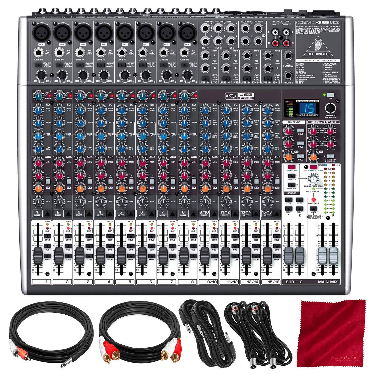 Behringer Xenyx X2222USB 22-Input 2/2-Bus Mixer with USB/Audio Interface and Effects + Assorted Cables Bundle