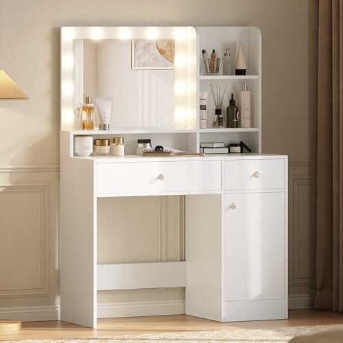 Vanity Desk with Mirror and Lights, Diamond Edition Vanity Desk, Makeup Vanity Table with 3 Drawers & 5 Open Shelves