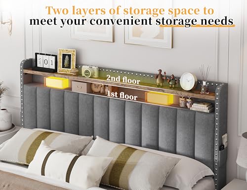 EnHomee Queen Bed Frame with 3 Storage Drawers, Upholstered Bed Frame Queen Size with 2-Tier Storage Headboard, Wooden Slats, No Box Spring Needed