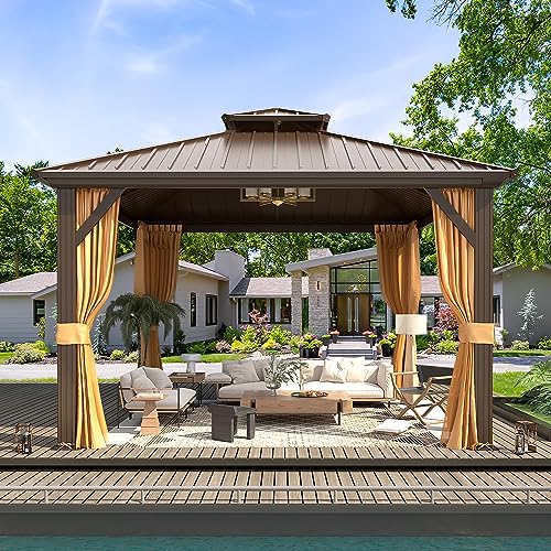 MELLCOM 10'x13' Hardtop Gazebo with Polycarbonate Double Roof, Aluminum Frame Outdoor Gazebo Permanent Pavilion with Curtains and Netting for Patio