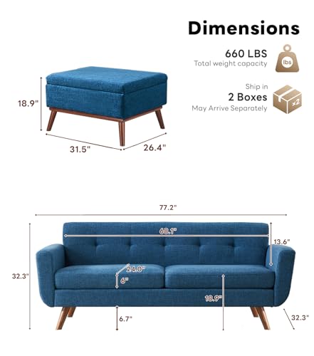 Tbfit L Shaped Couch Sofa, 80" W Mid-Century Modern Sectional Couches, 3 Seater Sofas with Wide Chaise Lounge & Two Pillows