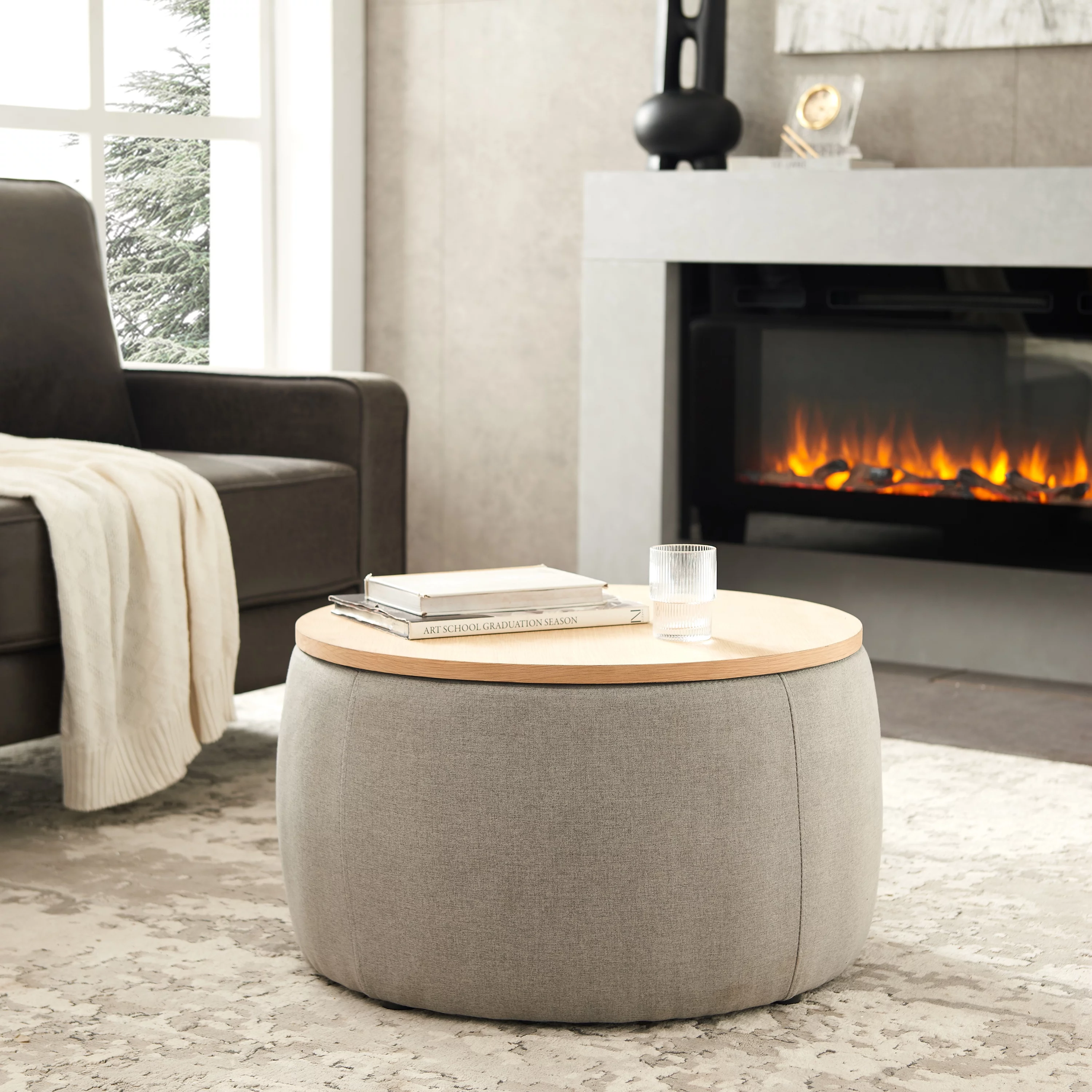 Seizeen Ottoman With Storage, Round Storage Ottoman Coffee Table with Wood Tray, 2-in-1 Fabric End Side Table for Living Room Bedroom, Grey