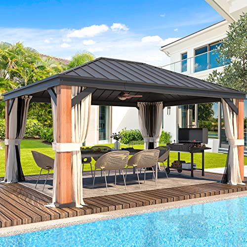 EROMMY 12'x20' Hardtop Gazebo Double Roof Galvanized Steel Canopy Outdoor Aluminum Frame Permanent Metal Pavilion with Netting and Curtains for Patio