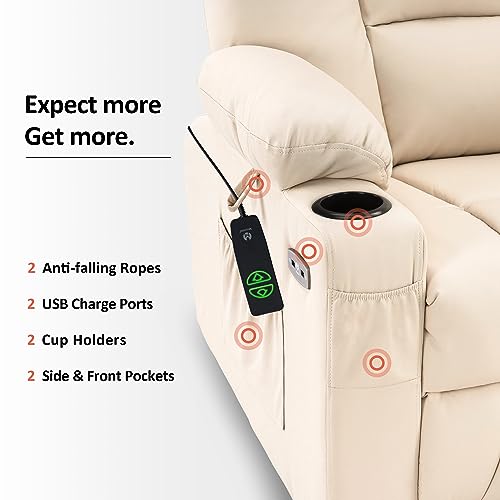 MCombo Small Power Lift Recliner Chair with Massage and Heat for Petite People, Cup Holders, USB Ports, Side Pockets, Faux Leather 7569 (Small