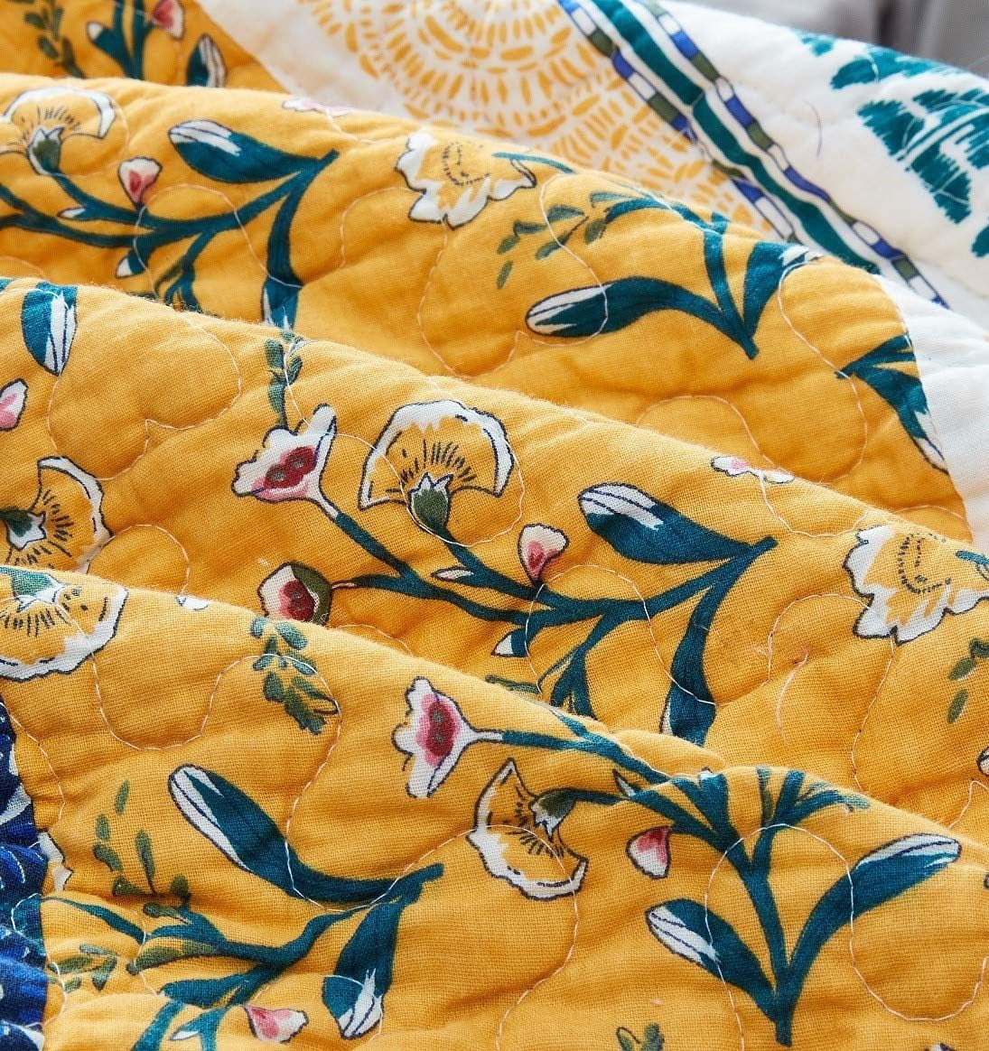 Bohemian Gardenia Floral Patchwork Bedspread Set - Cotton Bed Of Wild Flowers Botanical Quilted Coverlet - Bright Vibrant Yellow Blue Teal Green