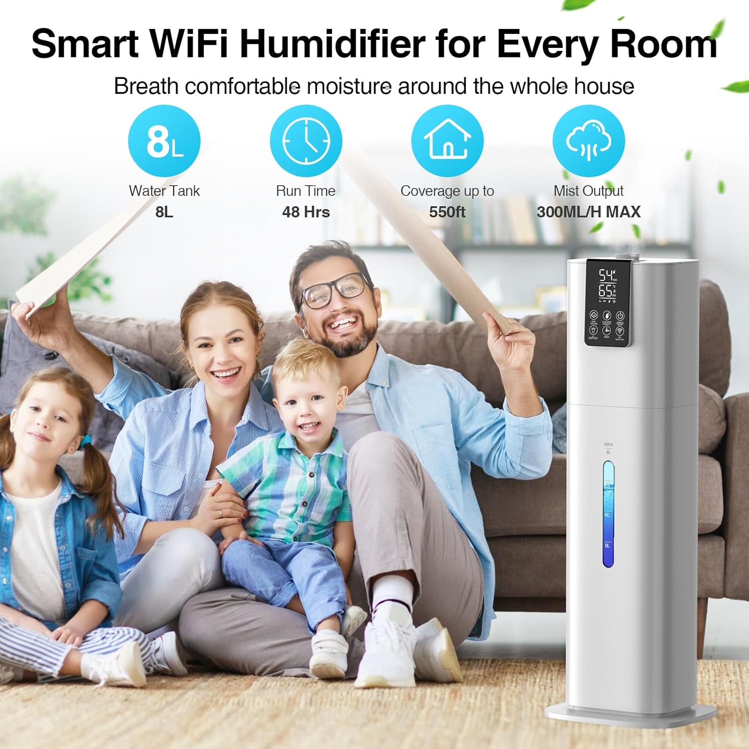 Smart Humidifiers Large Room Bedroom Home, 8L Top Fill Cold Mist Humidifiers with 3 Adjustable Mist Levels, Smart App & Remote Control, 48H Runtime