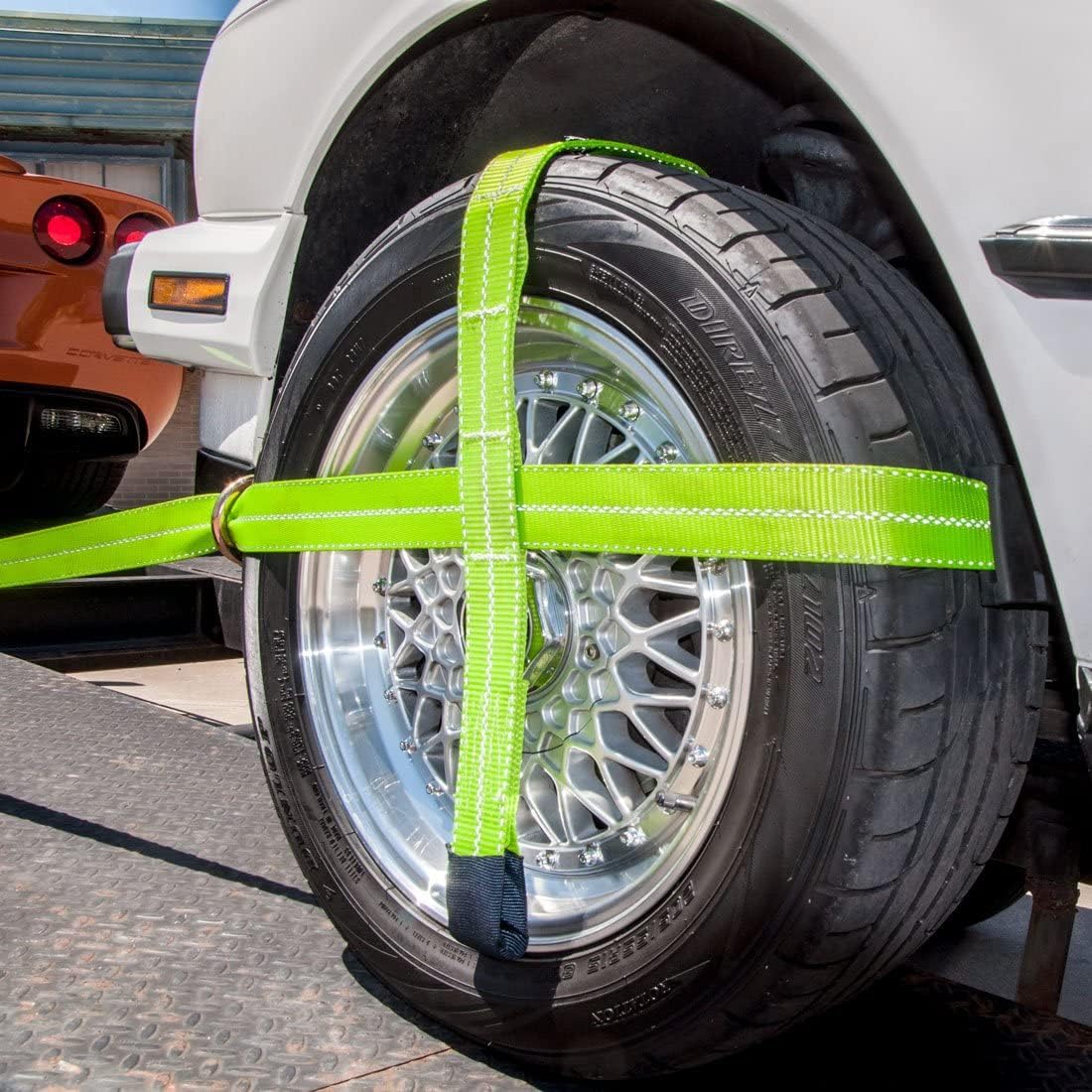 VULCAN Car Tie Down Kit - Adjustable Loop - Snap Hooks - Classic Yellow - Complete Kit Includes 4 Straps and 4 Ratchets