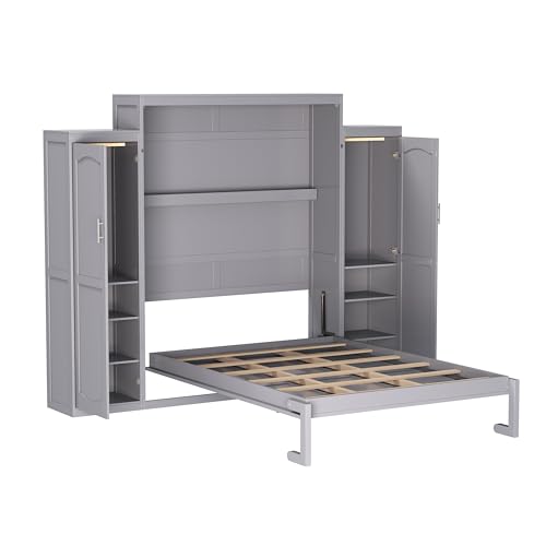 Queen Size Murphy Bed Wall Cabinet with 2 Wardrobe and Storage Shelf, Wooden Murphy Cube Wall Bed