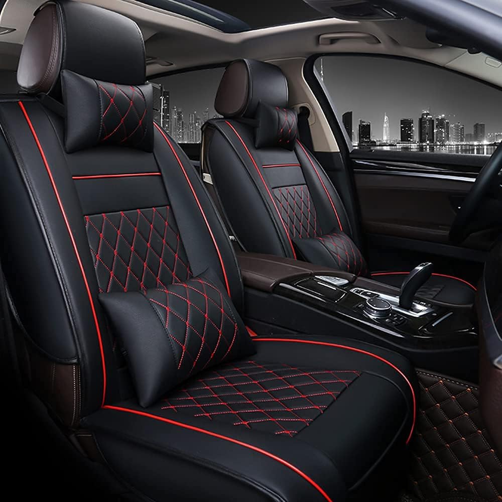 Fly5D Red Car Seat Covers Full Set with Waterproof Deluxe Leather,Airbag Compatible Automotive Vehicle Cushion Cover Universal fit for Most Cars