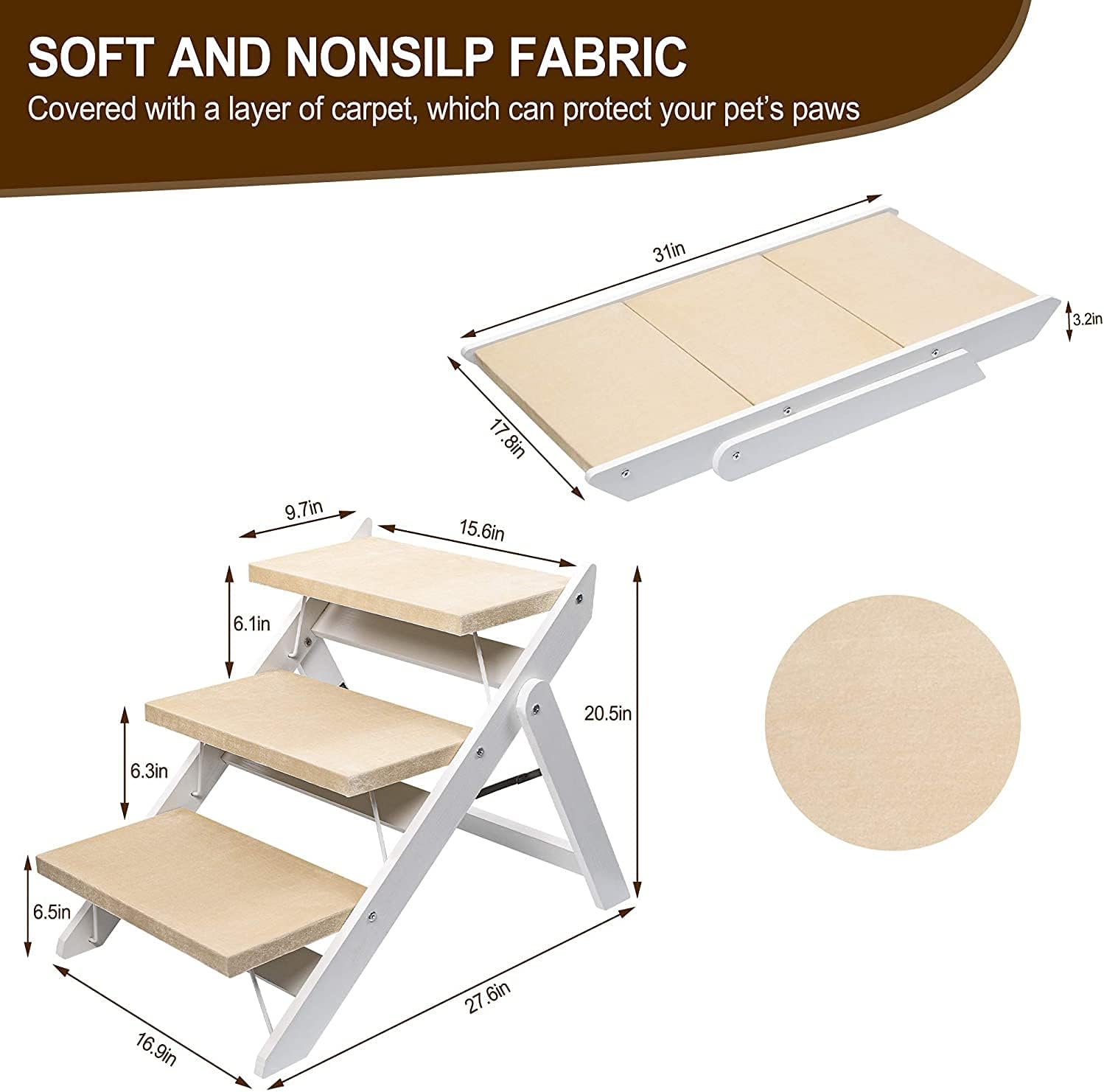 Niubya Wooden Foldable Dog Stairs, Portable 2-in-1 Pet Ramp for Small to Large Dogs and Cats, Nonslip 3-Step Dog Steps for High Beds, Couch and Cars