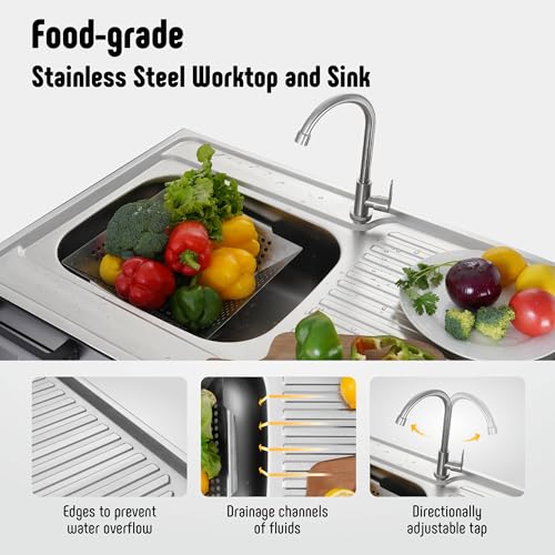 35” Outdoor Grill Cart with Sink, Outdoor Kitchen Sink Station with Hose Hook Up, Free Standing Sink with Wheels