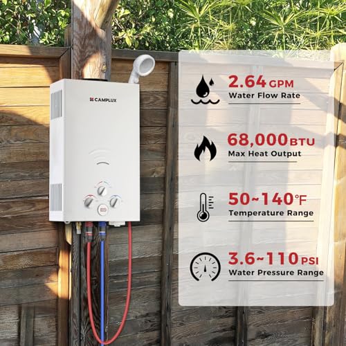 CAMPLUX 2.64 GPM Propane Portable Gas Water Heater, 68,000 BTU Outdoor Tankless Camping Water Heater with Digital Display, White