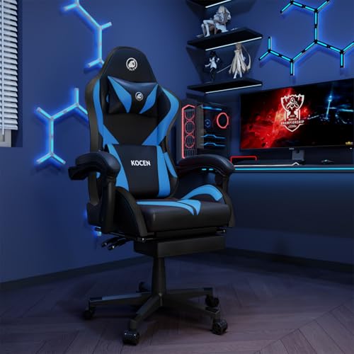 Gaming Chairs for Adults Tall and Kids，Lumbar Support,LED Lights，High Back Reclining Computer Chair with Headrest (Black+Blue)