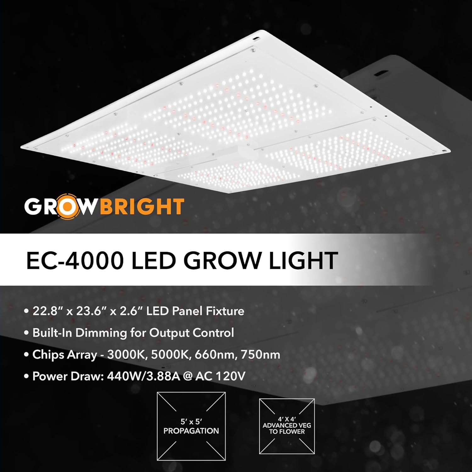 5x5 Large Indoor Grow Tent Kit, Complete with GrowBright EC-4000 Full Spectrum LED Light, 6” Ventilation Kit and Additional Accessories