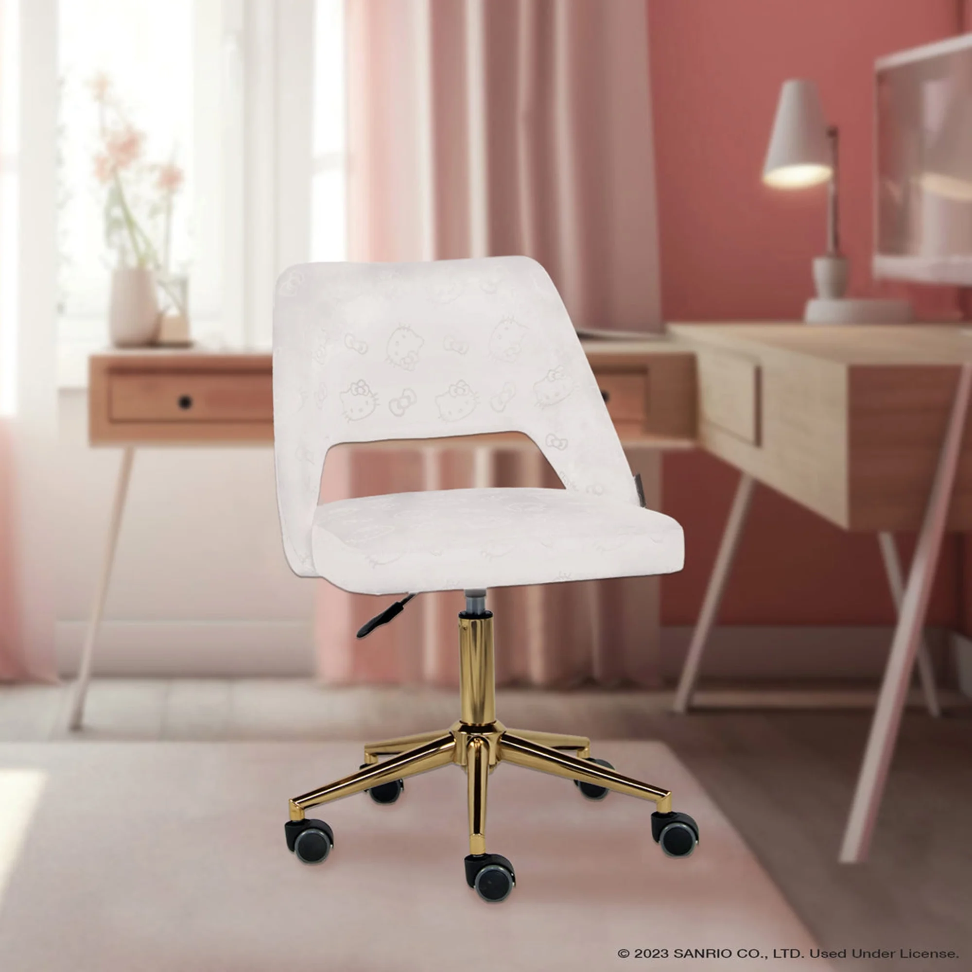 Impressions Vanity Hello Kitty Velvet Swivel Vanity Chair with Back, Ergonomic Backrest Cute Desk Chair with Wheels