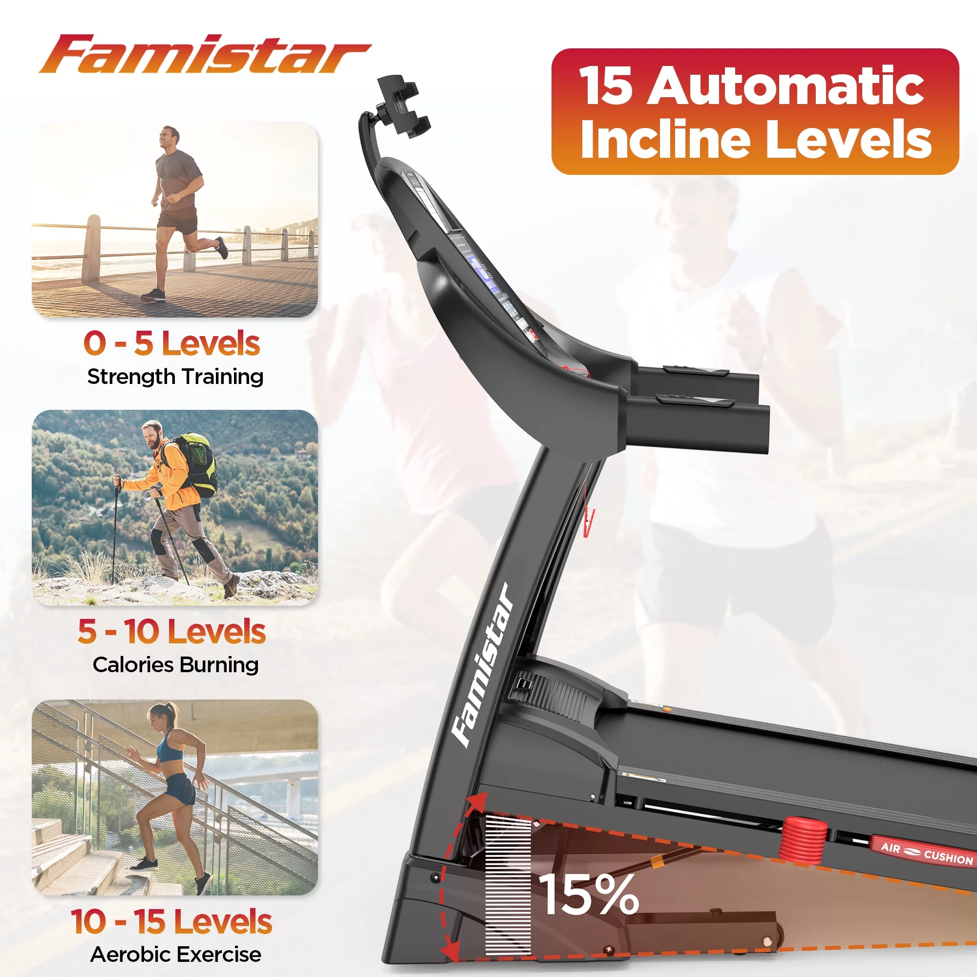 Famistar 4.5HP Portable Folding Treadmill 300 LB Capacity for Home w/ 15-Level Auto Incine, Smart APP Control, HiFi Stereo Bluetooth Speakers