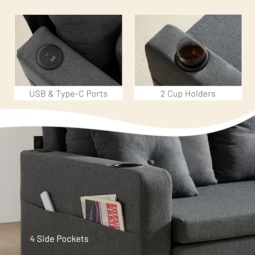 3 in 1 Pull Out Couch, 56 Inch Convertible Sleeper Sofa Bed, Loveseat Sofa with Cup Holders, USB, Sofa Couches for Living Room, Bedroom, Apartment