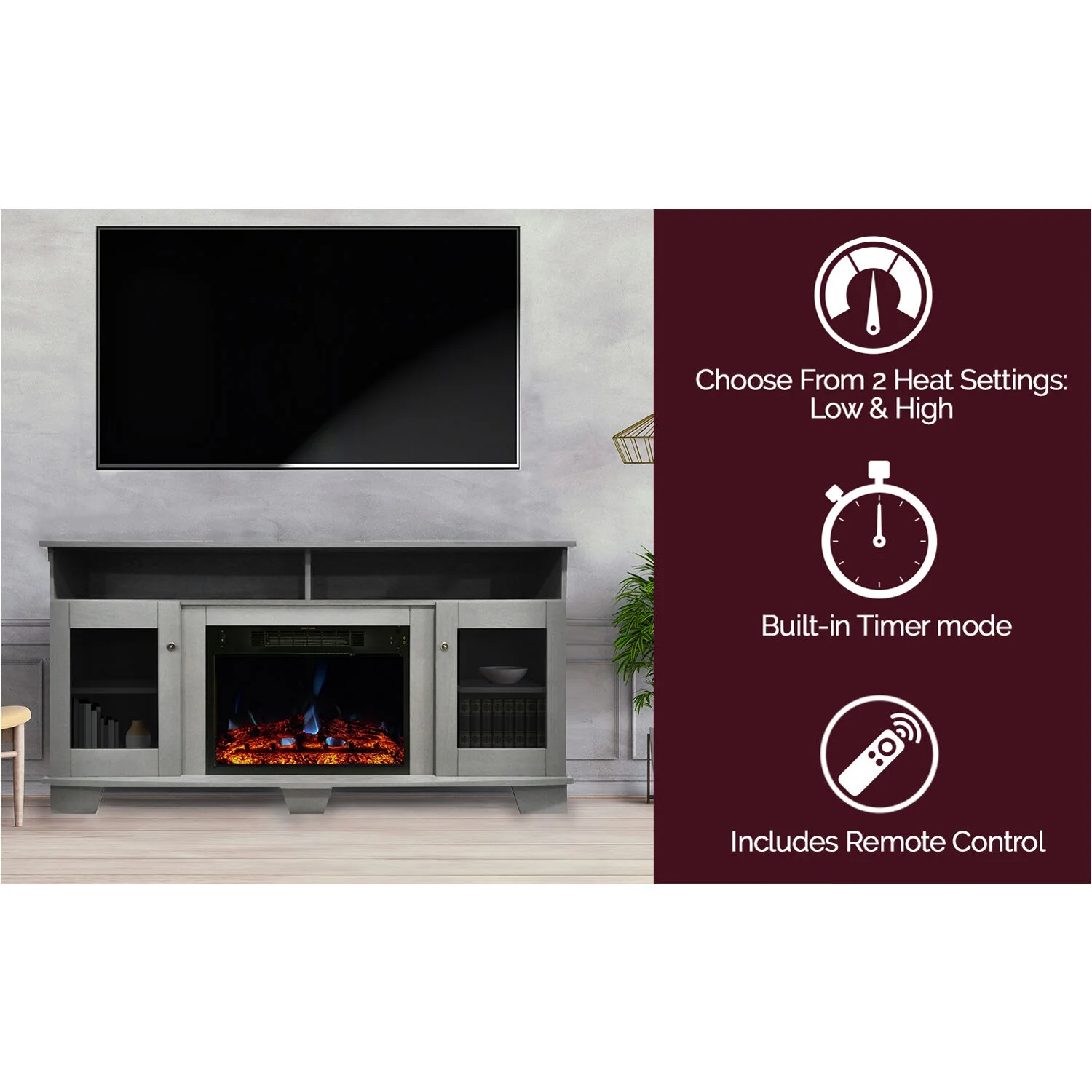 Cambridge Savona Electric Fireplace Heater with 59-In. Gray TV Stand, Enhanced Log Display, Multi-Color Flames, and Remote - Curated Treasures Market