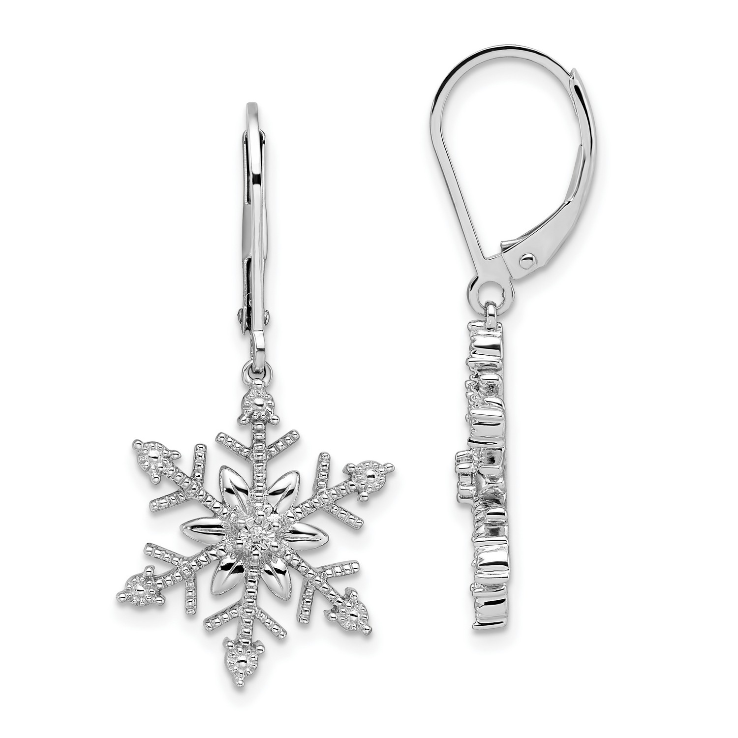 Sterling Silver Diamond Snowflake Leverback Earrings 33.8x16 mm (0.01 cttw, I1-I3 Clarity, I-J Color)