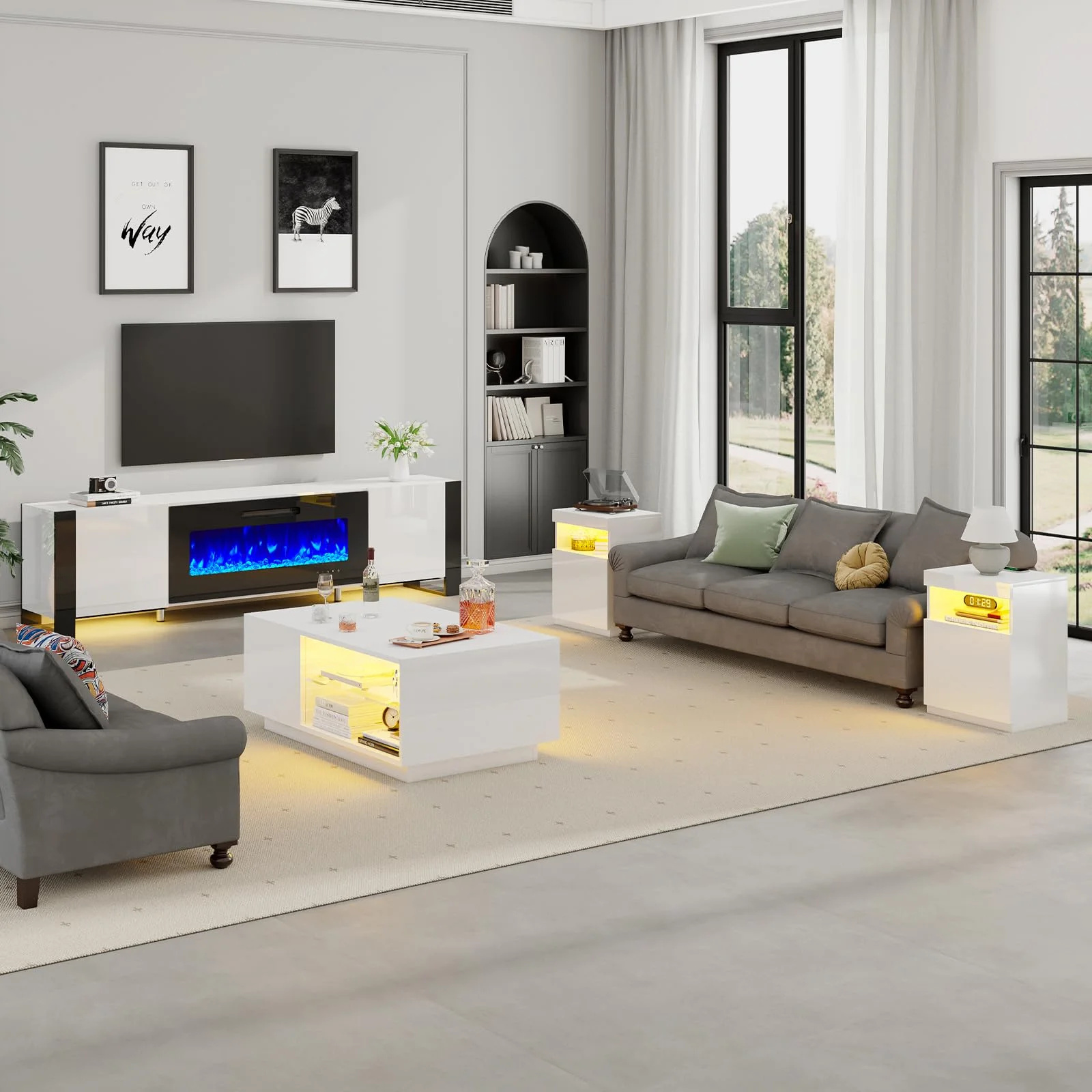 AMERLIFE 4-Piece Living Room Table Set, Includes 70 Inch Fireplce TV Stand, Modern Coffee Table, LED Light Nightstands Set of 2