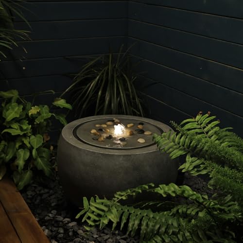 Garden Water Fountain Outdoor Large Round Bubbler Water Feature Indoor with Lights & Pump and Pebbles Concrete Effect for Patio Pool Pond Yard Home
