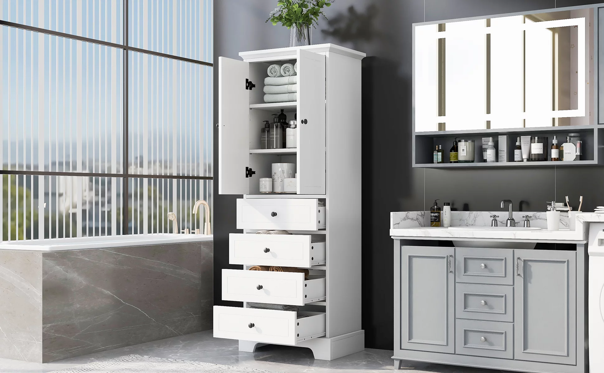 Bellemave Wooden Storage Cabinet with Adjustable Shelves and Drawers Freestanding Tall Cabinet for Bathroom, Kitchen
