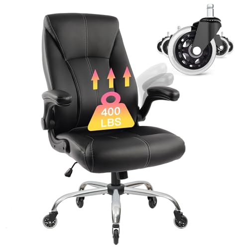 Big and Tall Office Chair for Heavy People 400lb, Executive Desk Computer Chair Adjustable Flip-up Armrests