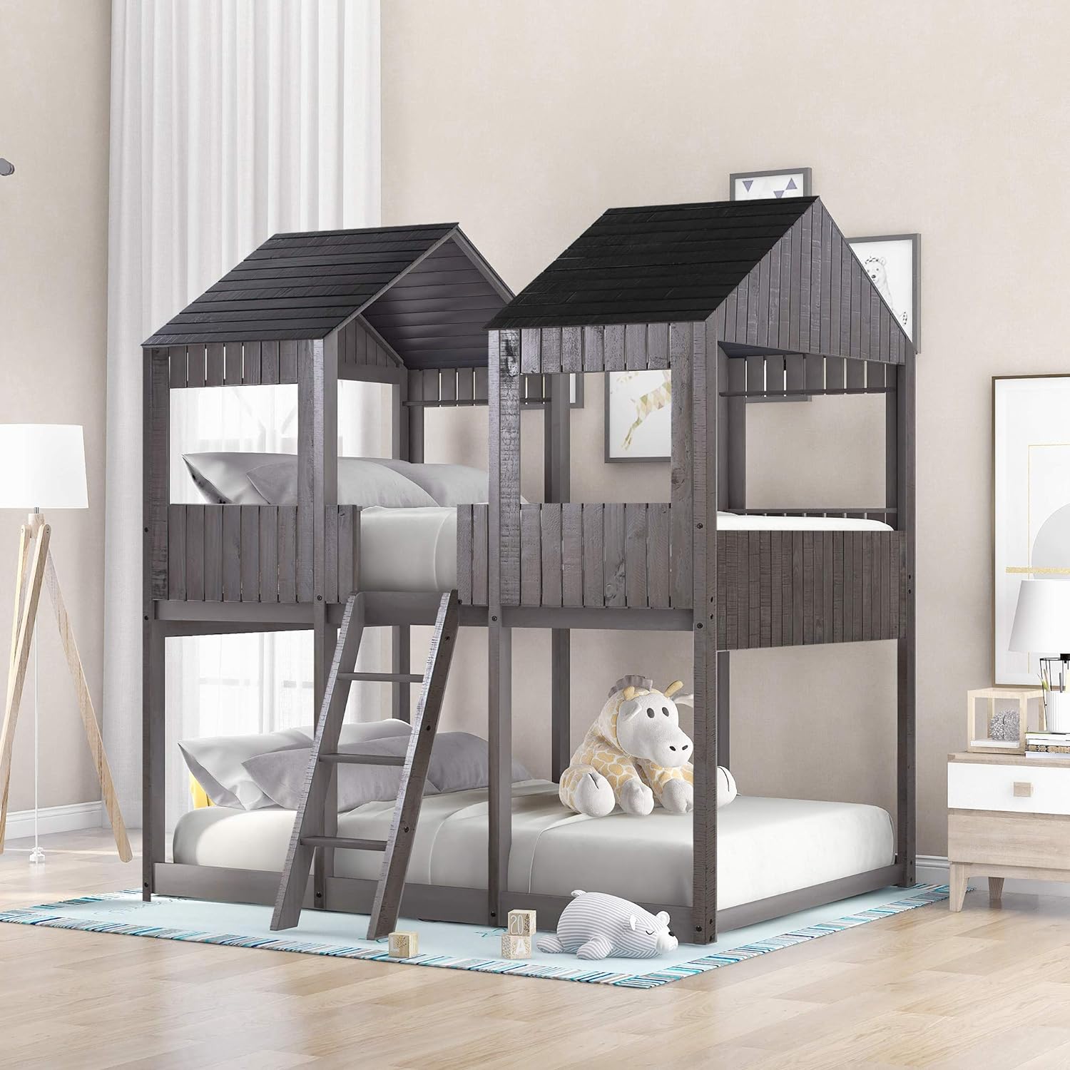 House Bunk Bed Full Over Full Size, Wooden House Bunk Beds Frame With Roof And Guard Rail, Floor Bunk Bed Frame For Kids, Teens