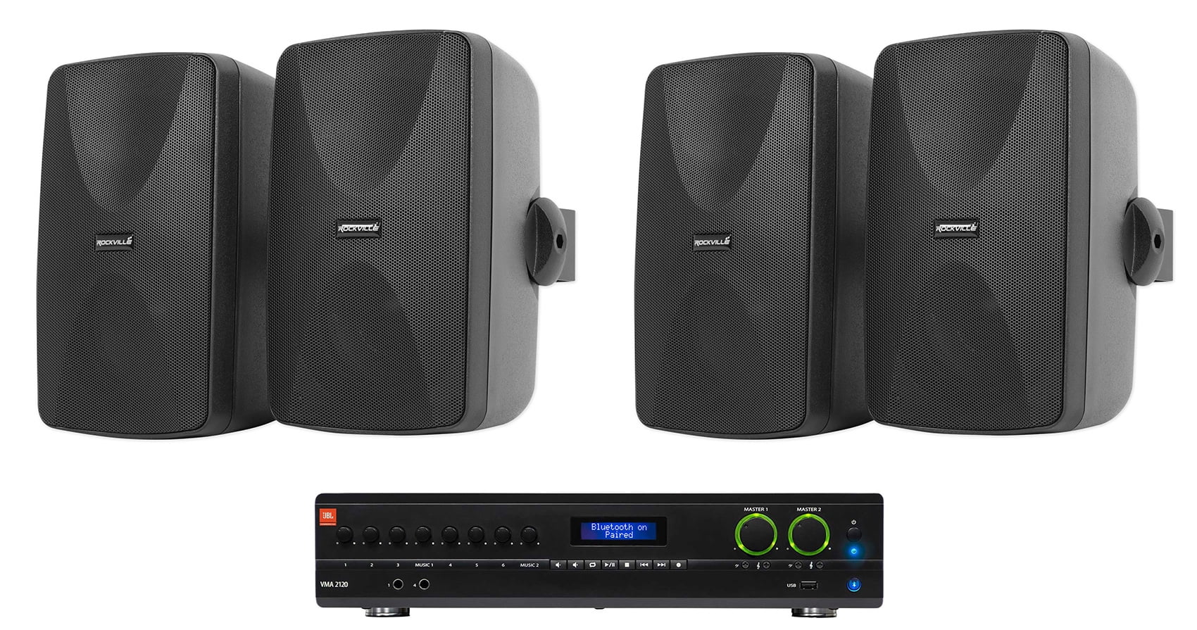 JBL VMA2120 2-Ch Commercial 70V Bluetooth Amplifier+4) 5.25" Black Wall Speakers