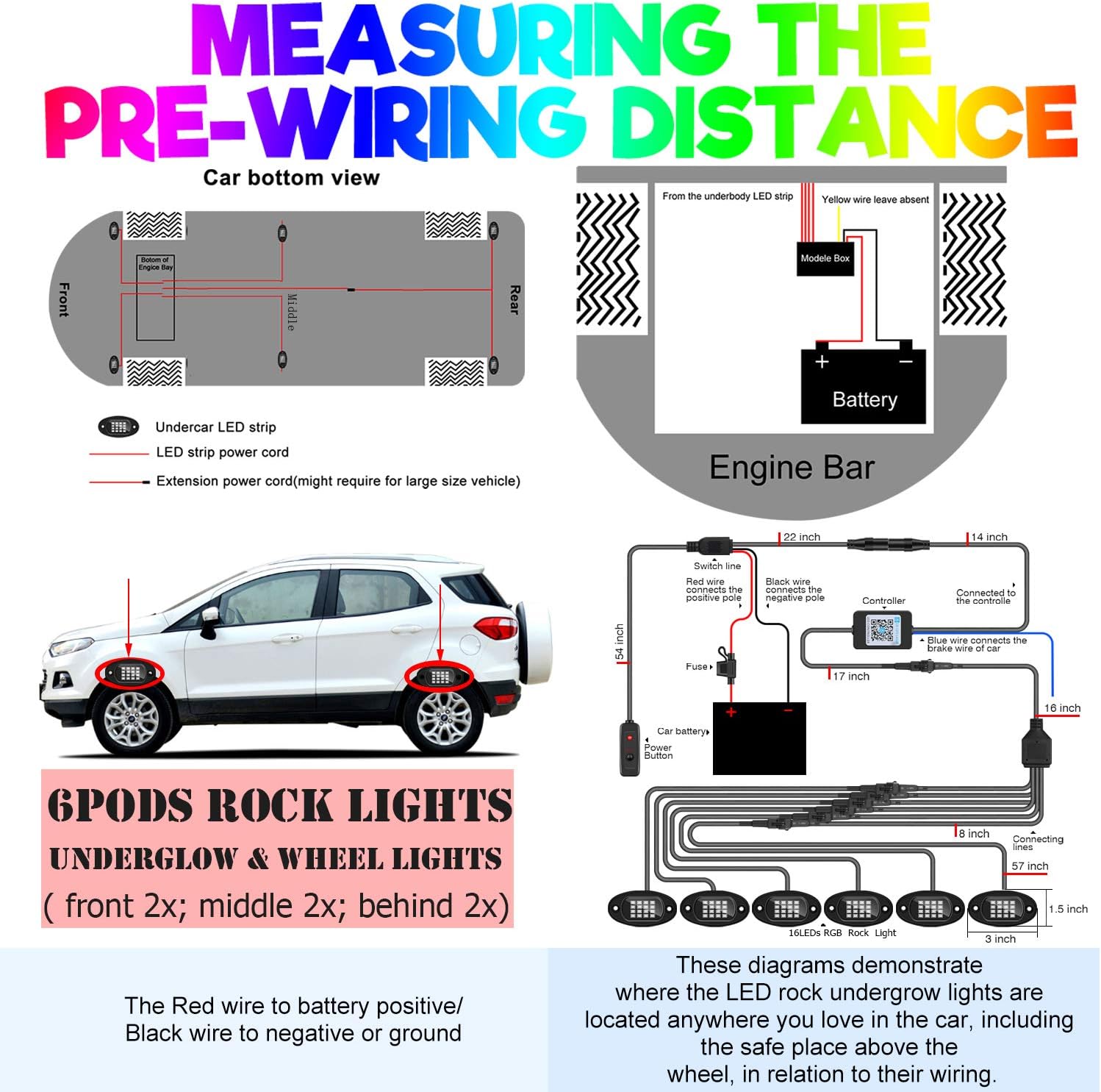 SUZCO 6-Pack Trucks LED RGB Neon Underglow Pod Rock Lights Kit