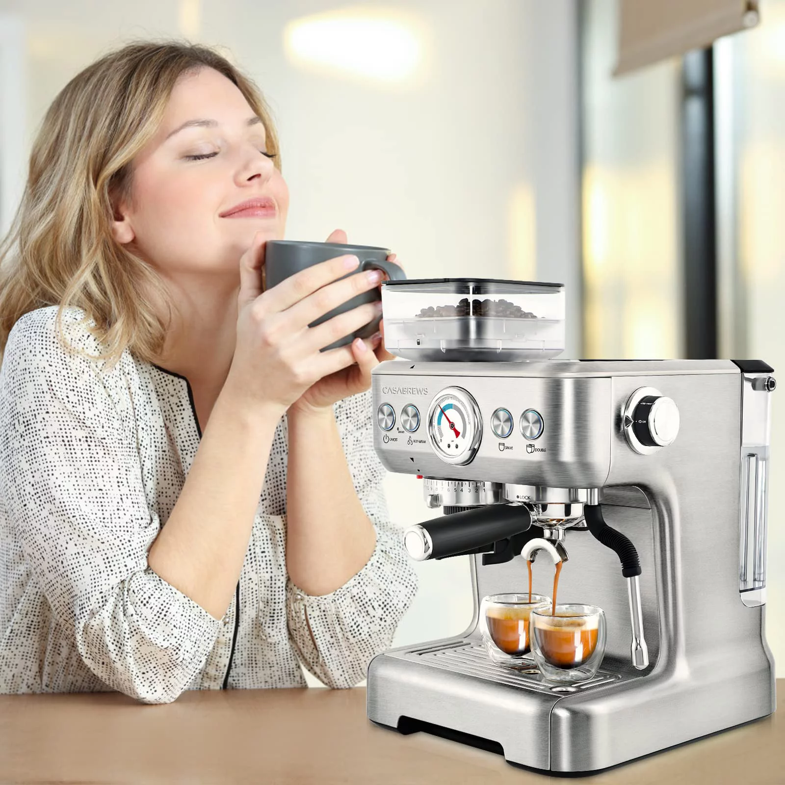 Casabrews 20 Bar Espresso Machine with Milk Frother Steam Wand, Cappuccino Machine with Grinder, Silver