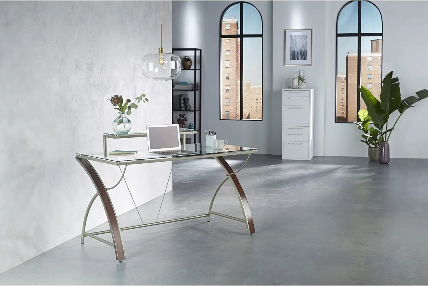 RUNFAYBIU ® Axley 55"W Glass Computer Desk  Cherry/Silver