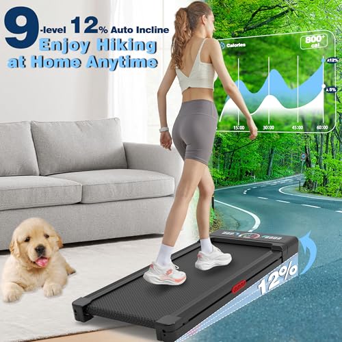 Walking Pad Treadmill with 12% 9-Level Auto Incline, 450 lbs Capacity RGB LED Screen, Bluetooth Speaker Under Desk Treadmill