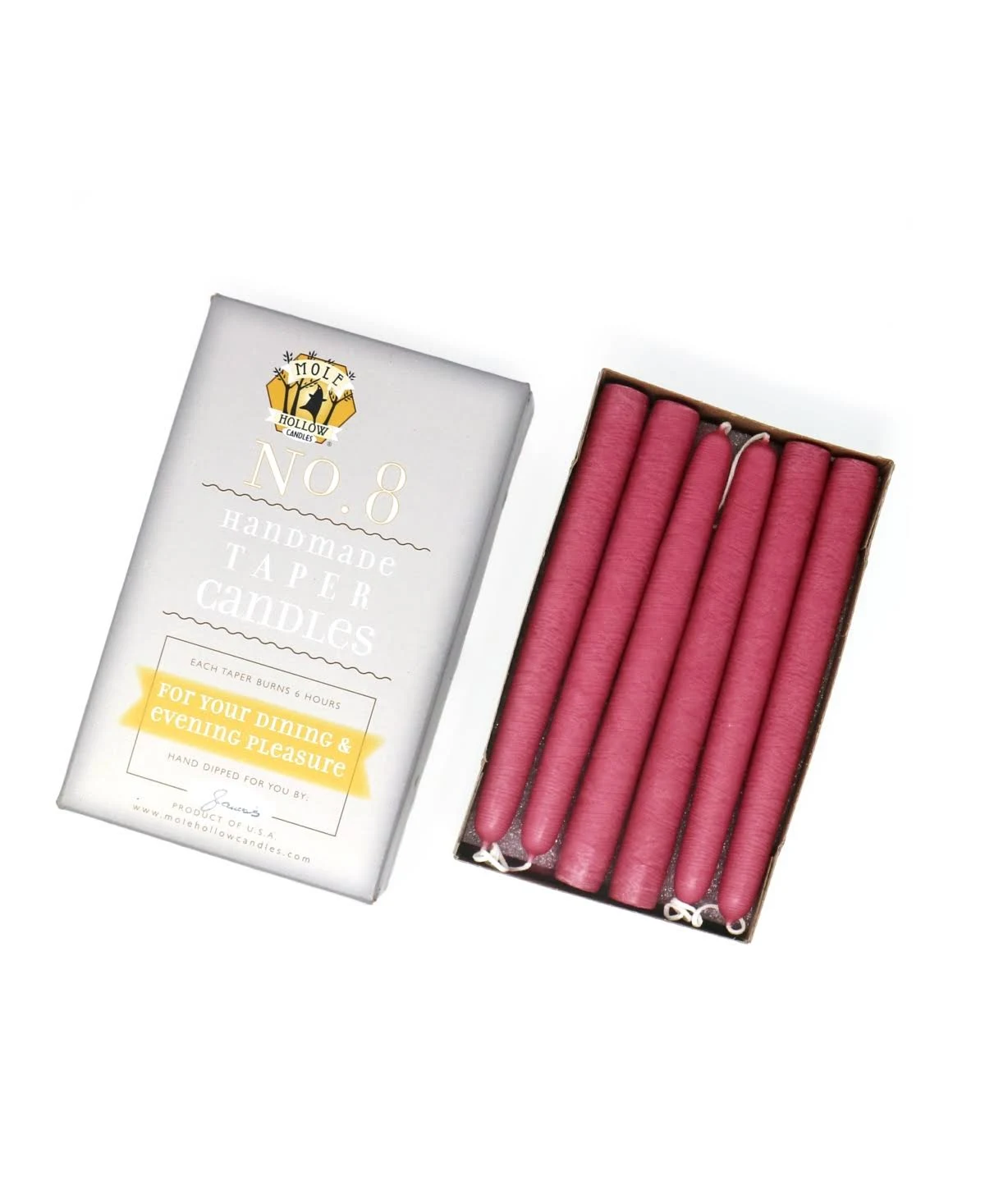 Mole Hollow Candles 8x22 Taper Candles, Set of 12 - Colonial Pink