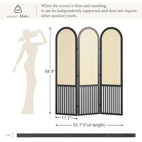 Room Divider and Folding Privacy Screens, Pine Wood 5.6 Ft Double Hinged Rattan Partition Freestanding Wall Room Divider for Home - 3 Panels