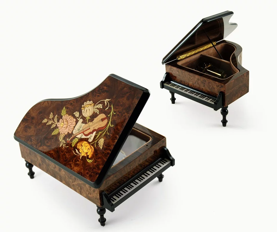 Gorgeous 30 Note Burl-Elm Music and Floral Theme Grand Piano Music Box - 9th Symphony (Ode to Joy)