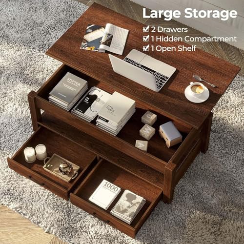 Rolanstar Coffee Table, Lift Top Coffee Table with Drawers and Hidden Compartment, Retro Central Table with Wooden Lift Tabletop, for Living Room