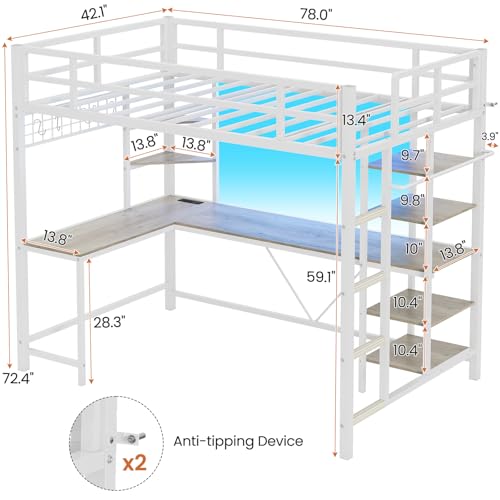 MSmask Loft Bed Twin Size with L Shaped Desk, LED Lights, Charging Station, Heavy Duty Metal Loft Bed Frame with 6 Storage Shelves