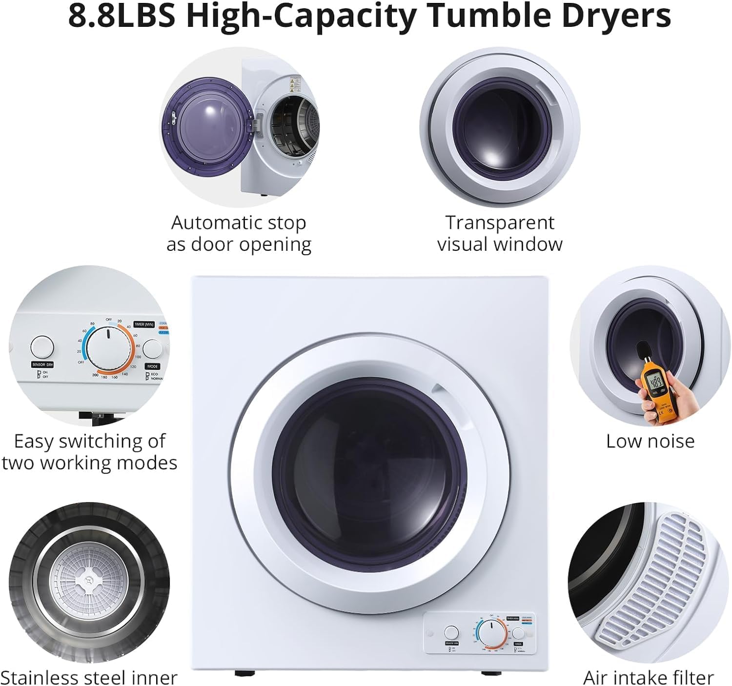 3-in-1 Clothes Dryer, 2 Temperatures 1400W Portable Dryer,Compact Clothes Dryer Machine Up to 14.4 Lbs of Clothes