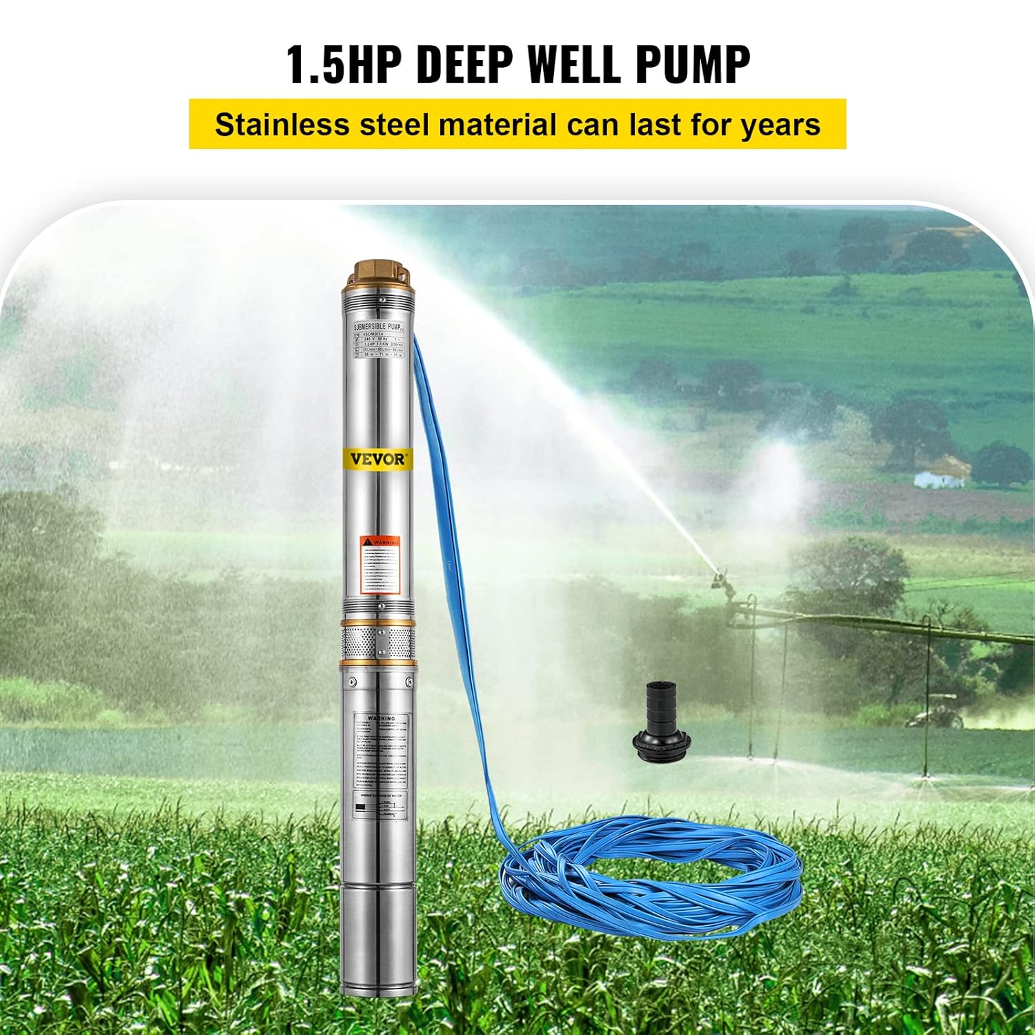 VEVOR Well Pump 1.5 HP, Submersible Well Pump 110V, Stainless Steel Deep Well Pump with 131ft Cable