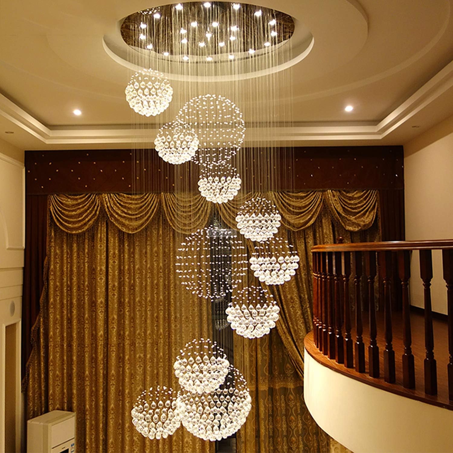 Staircase Crystal Chandeliers, Siljoy Modern 11 Sphere Spiral K9 Rain Drop Ceiling Light Fixture for Hotels Villas, 13 Lights, Dia 31.5 X H86.6