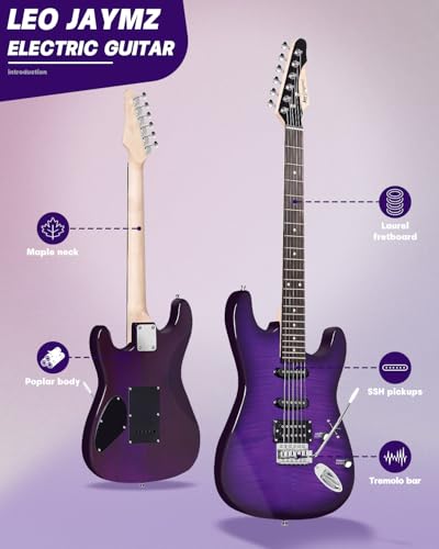 Leo Jaymz 39" Full Size ST Style Electric Guitar Starter Kit with SSH Pickup, 5W Portable Amp, Tuner, Gig Bag, Strap & Accessories (Violet Ocean)