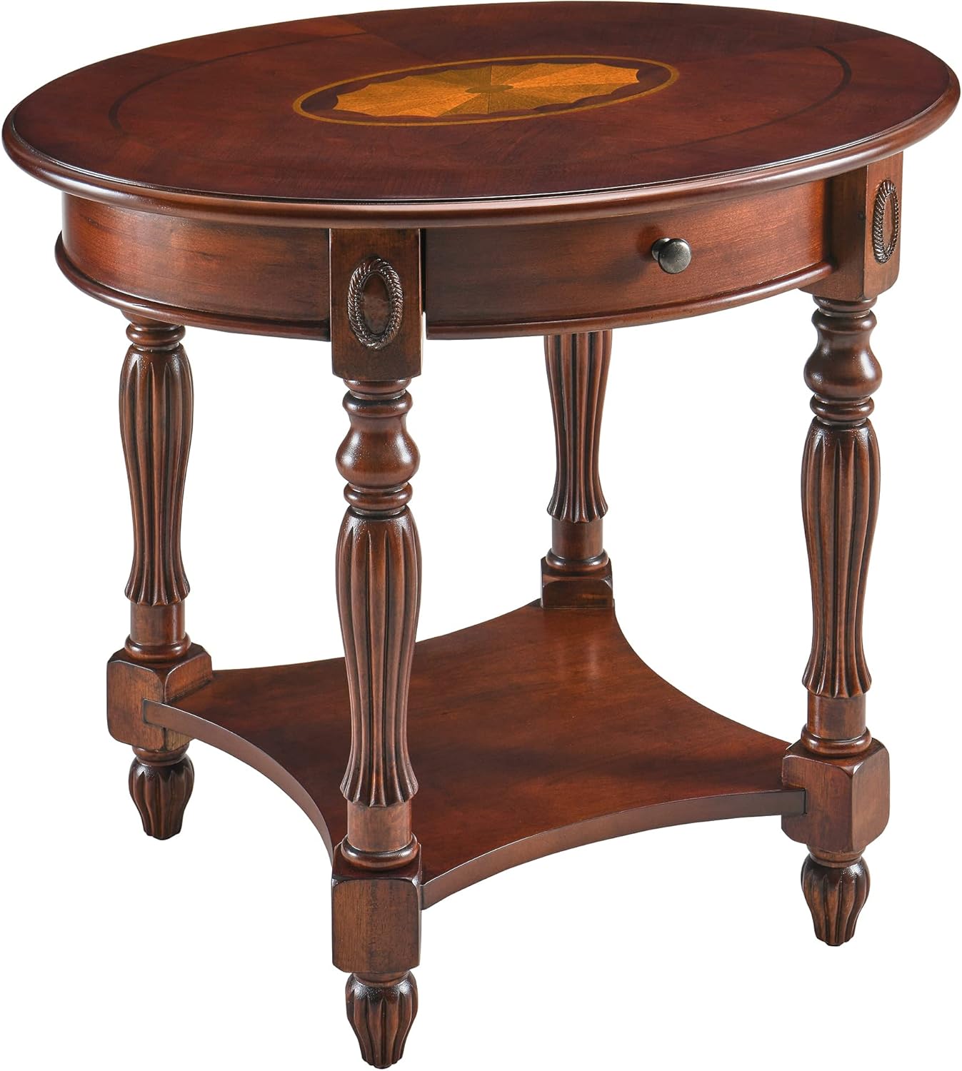 MODERION Solid Wood Coffee Table, Traditional Oval Cocktail Table with Storage Shelf, Carvings Side Elegant Vintage Sofa Table for Living Room