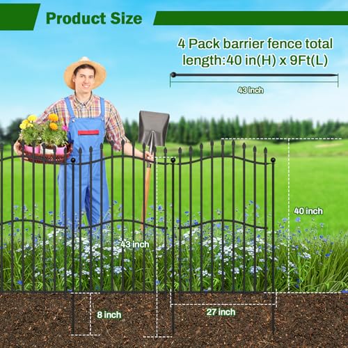8 Panels Tall No Dig Garden Fence - 40in H x 18ft L, Reinforced Square Tube Rustproof Animal Barrier