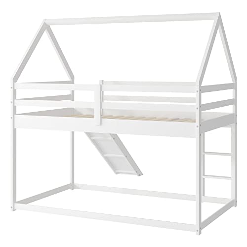 Kids Twin Over Twin Bunk Beds with Slide and Trundle, Solid Wood Bunk Bed Frame with Stairs and Storage