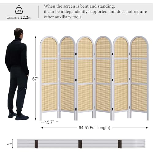 Room Divider and Folding Privacy Screens, Pine Wood 5.6 Ft Double Hinged Rattan Partition Freestanding Wall Room Divider for Home - 3 Panels