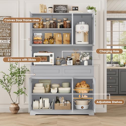 74" Pantry Cabinet, Tall Kitchen Pantry Cabinet with 6 Doors and 2 Drawers, Kitchen Hutch with Wide Countertop